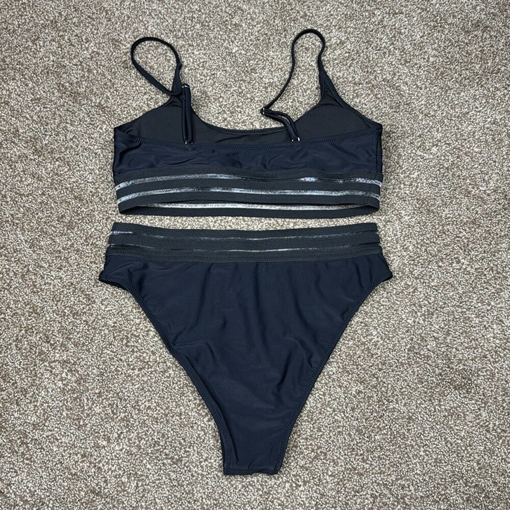 Women's Black Mesh High Waisted Bikini Set Two Piece Swimsuit Size Large NWT - Picture 5 of 6